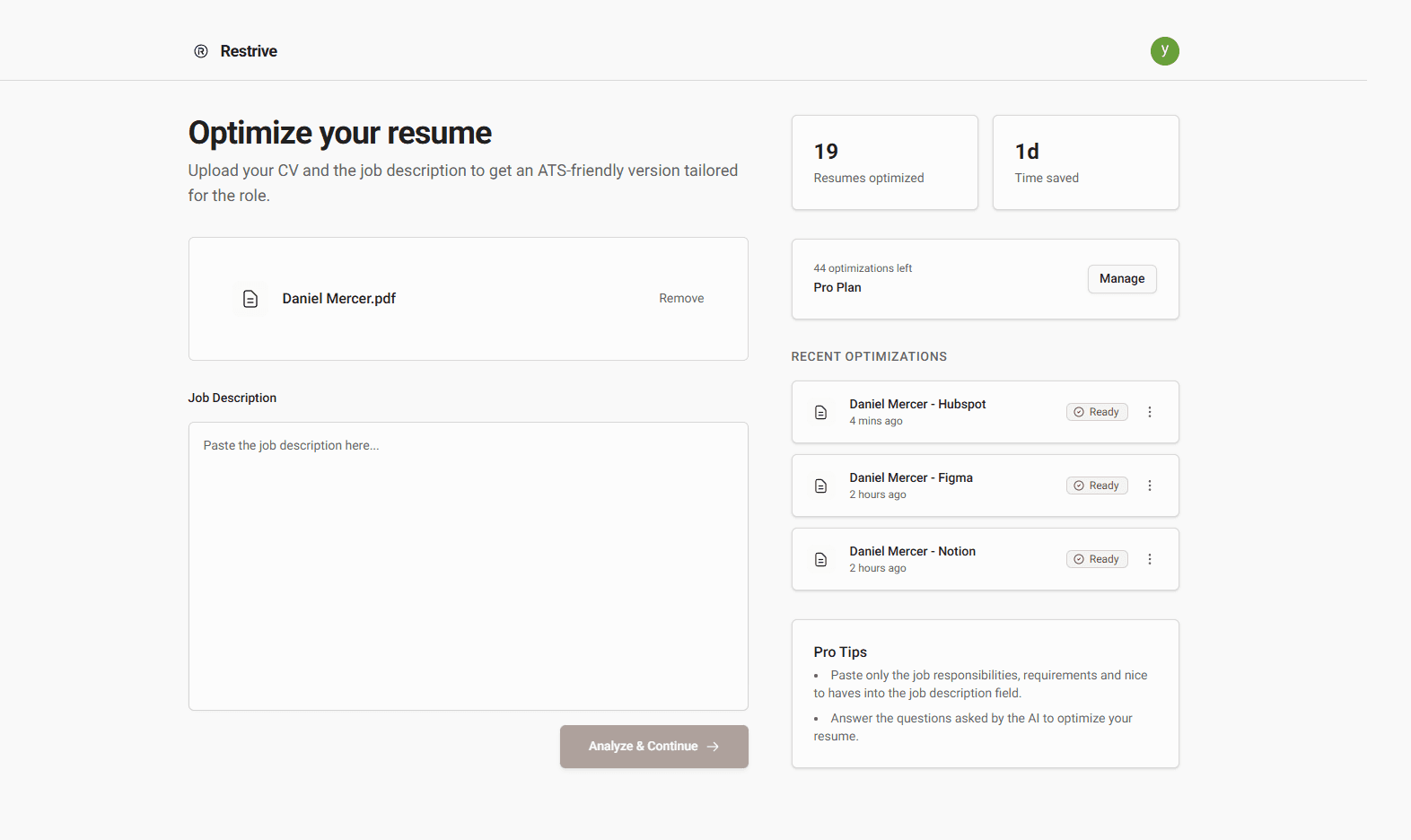 Dashboard interface showing resume optimization